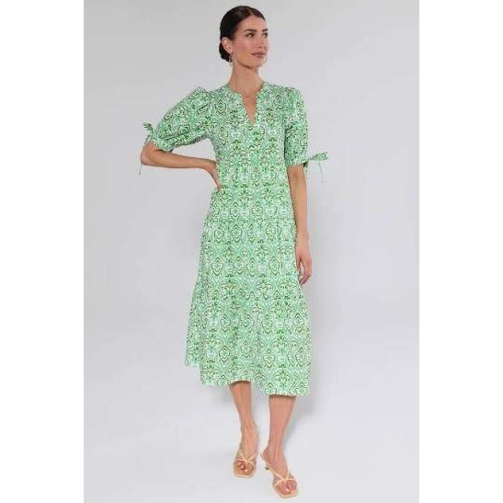 Avara Harriet Dress Green White Geometric Cotton Midi Puff Sleeve NWT Size L